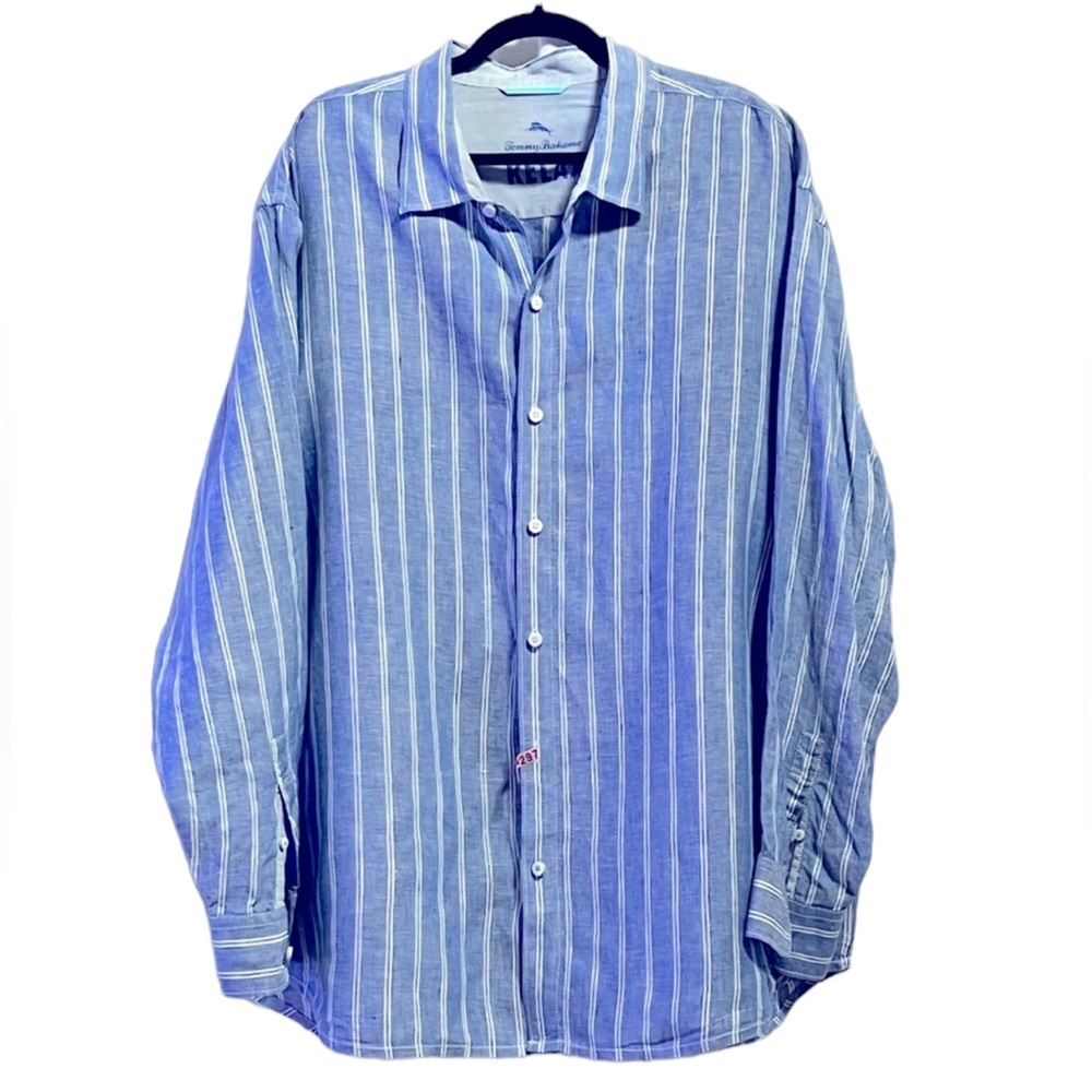 Men’s Tommy Bahama 2XB 100% linen blue stripe button down long sleeve shirt EUC